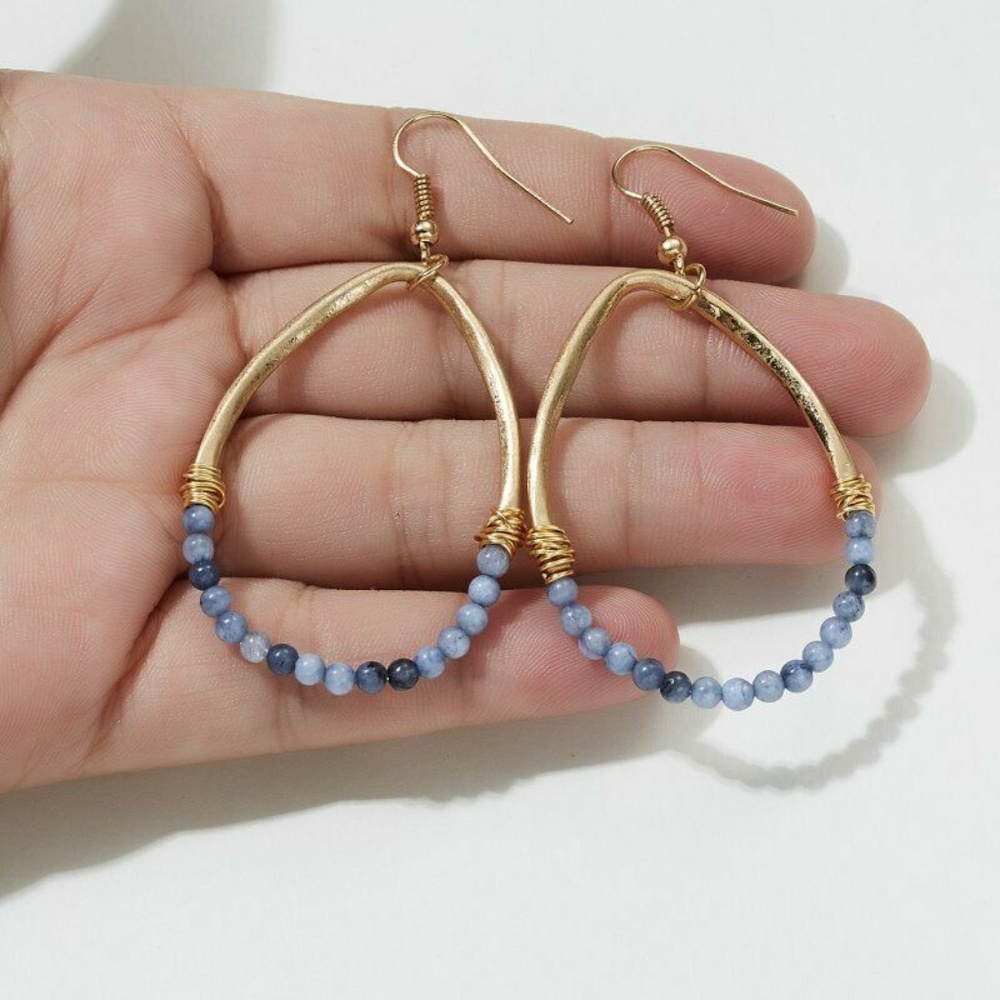 Blue Beaded Wire Hoop Gold Oval Boho Chic Earrings - Picture 6 of 7